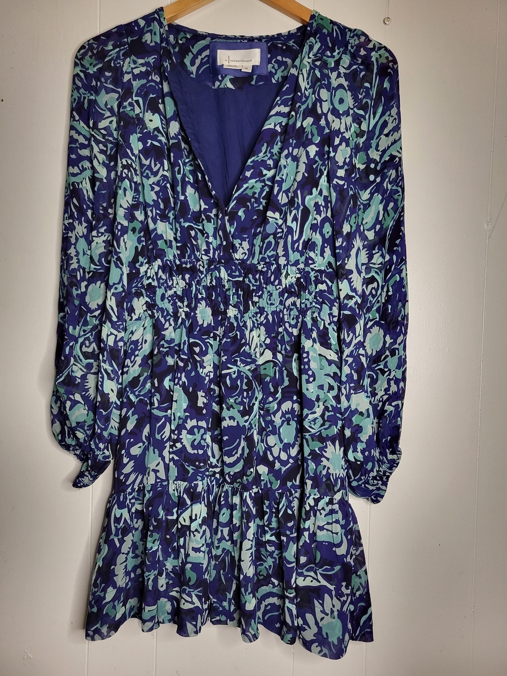 Anthropologie Blue and Teal Floral Print Dress